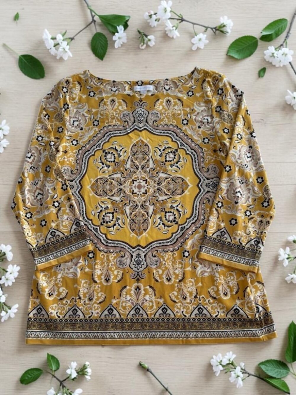 Charter Club Womens Tunic Blouse M Yellow Floral Scroll 3/4 Sleeve Boat Neck